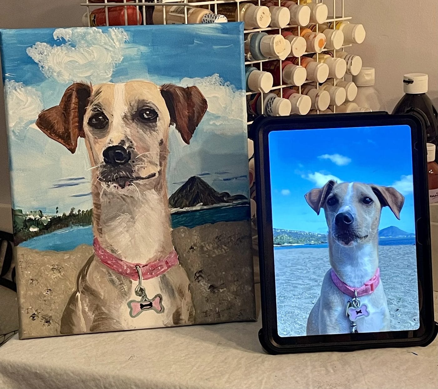 Heather's acrylic portrait of Chloe, a tan and white dog, beside the photo it was painted from